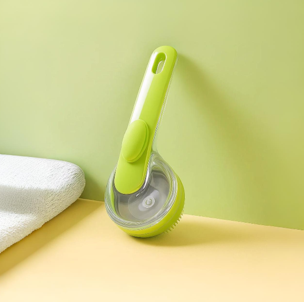 Dog Bath Brush | Silicone Grooming Brush with Long Handle & Soap Dispenser