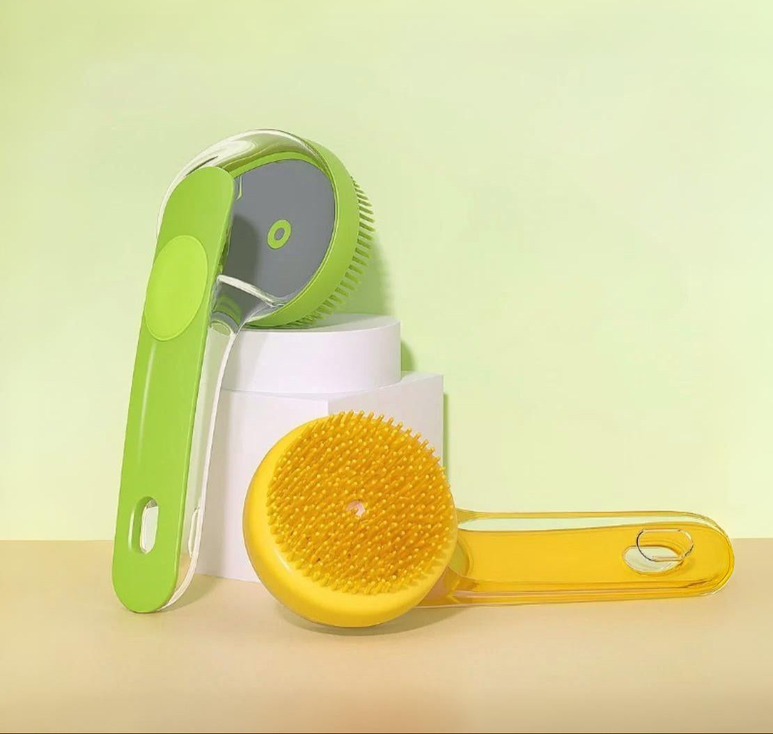 Dog Bath Brush | Silicone Grooming Brush with Long Handle & Soap Dispenser