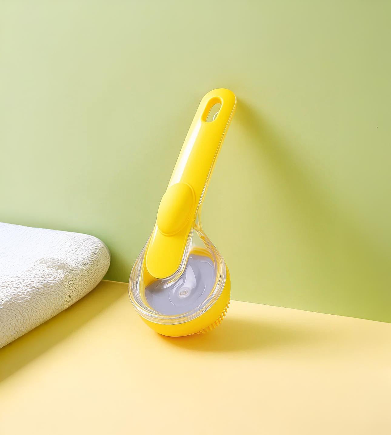 Dog Bath Brush | Silicone Grooming Brush with Long Handle & Soap Dispenser