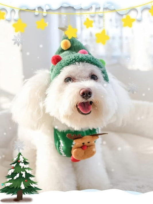 2-in-1 Dog Christmas Outfit – Santa Costumes (Hat + Bandana Set)