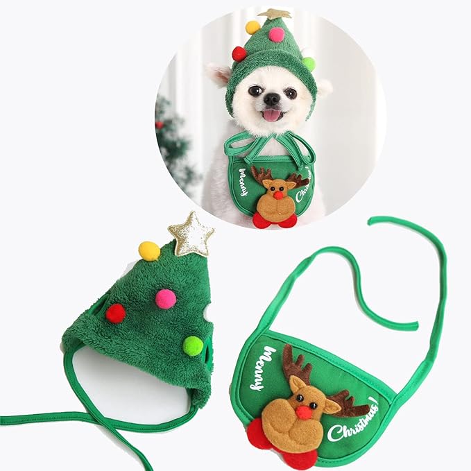 2-in-1 Dog Christmas Outfit – Santa Costumes (Hat + Bandana Set)