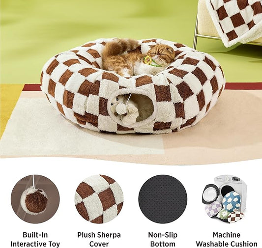 Cat Tunnel Donut Bed with Cushion and Peekaboo Cave