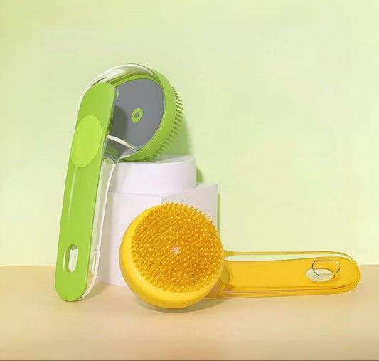 Dog Bath Brush | Silicone Grooming Brush with Long Handle & Soap Dispenser